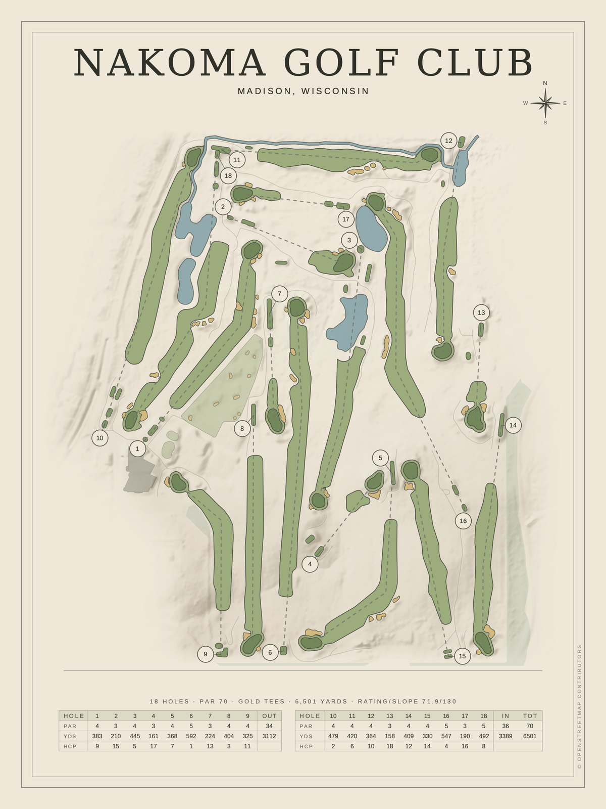 Nakoma Golf Club course map poster, Classic style, 12×16 / 18×24