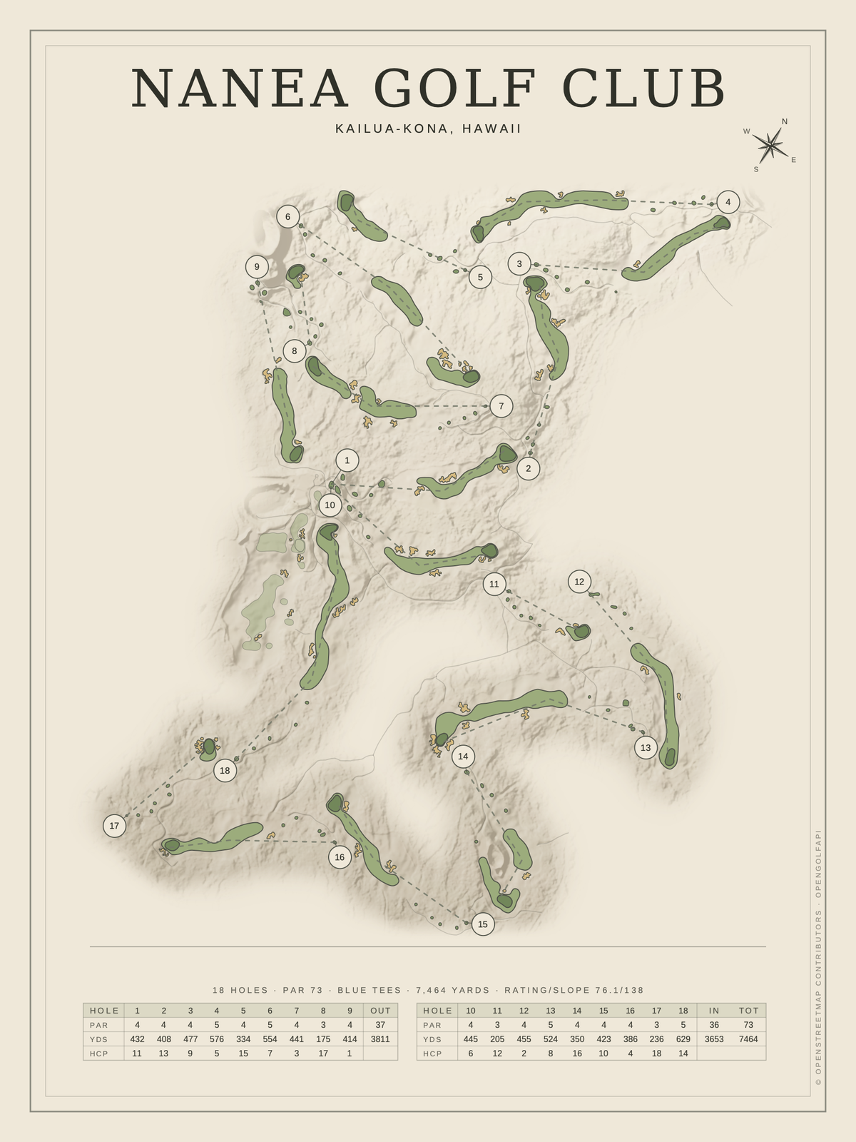 Nanea Golf Club course map poster, Classic style, 12×16 / 18×24