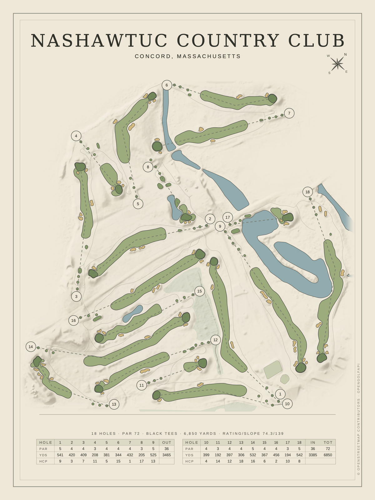 Nashawtuc Country Club course map poster, Classic style, 12×16 / 18×24
