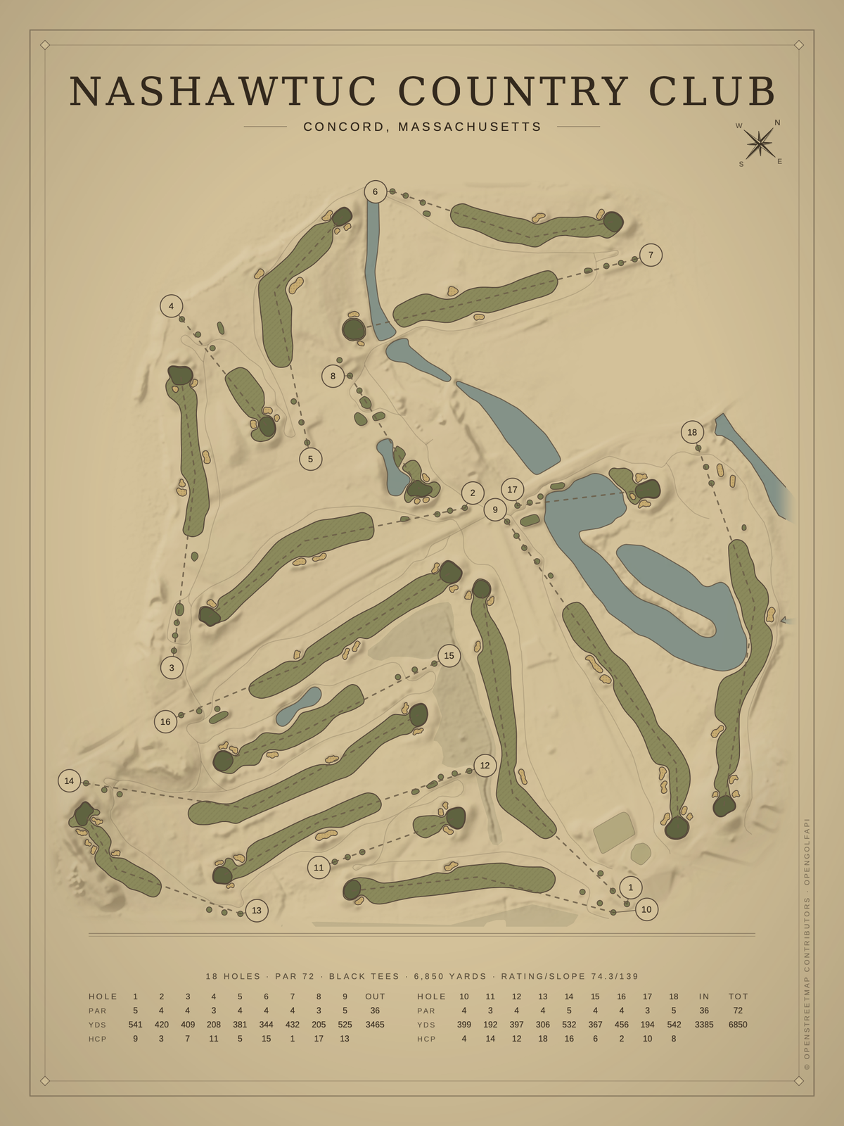 Nashawtuc Country Club course map poster, Vintage style, 12×16 / 18×24