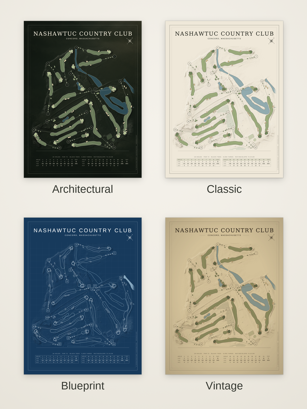 Nashawtuc Country Club course map poster in four styles: Architectural, Classic, Blueprint and Vintage