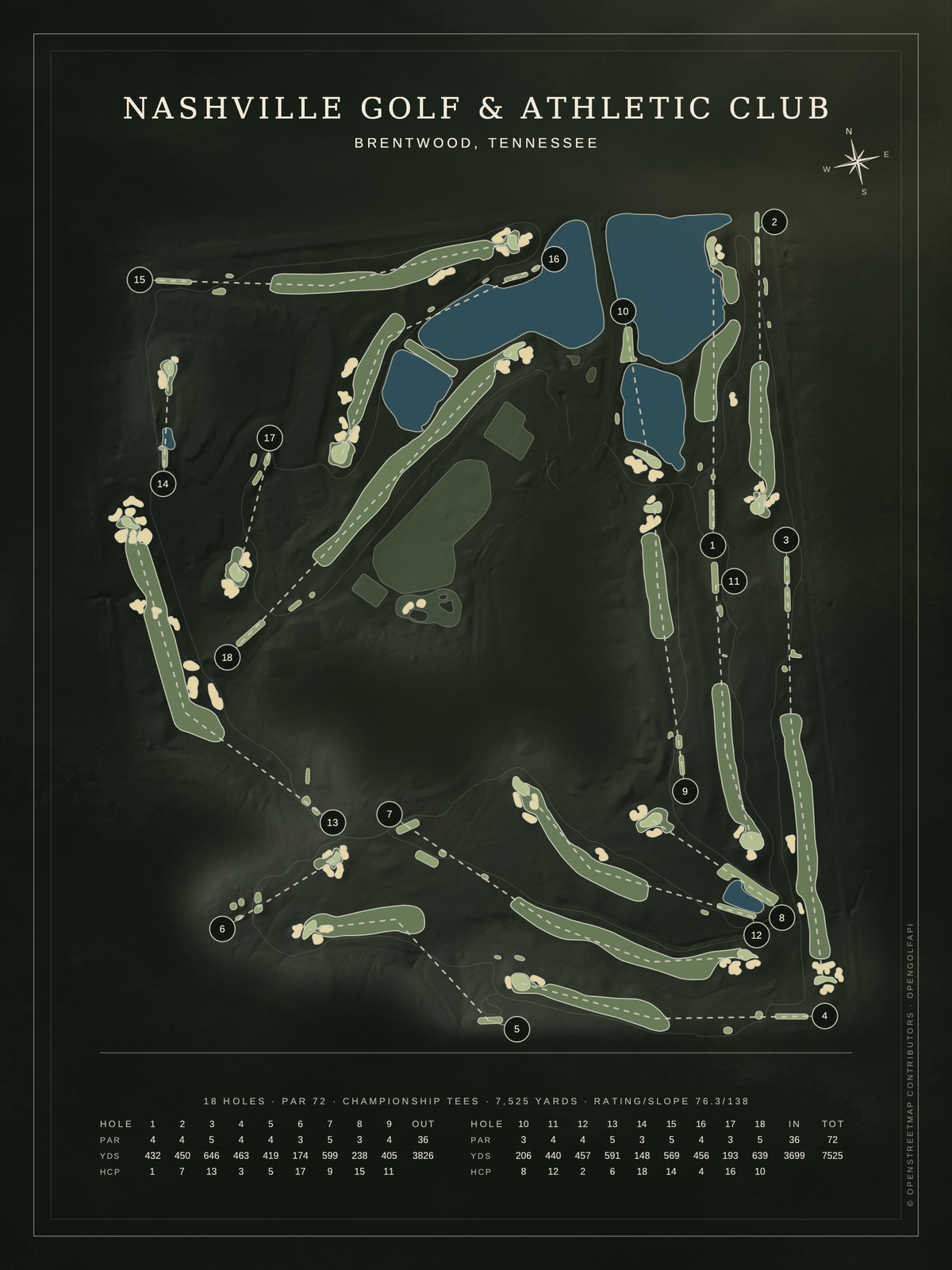 Nashville Golf & Athletic Club course map poster, Architectural style, 12×16 / 18×24