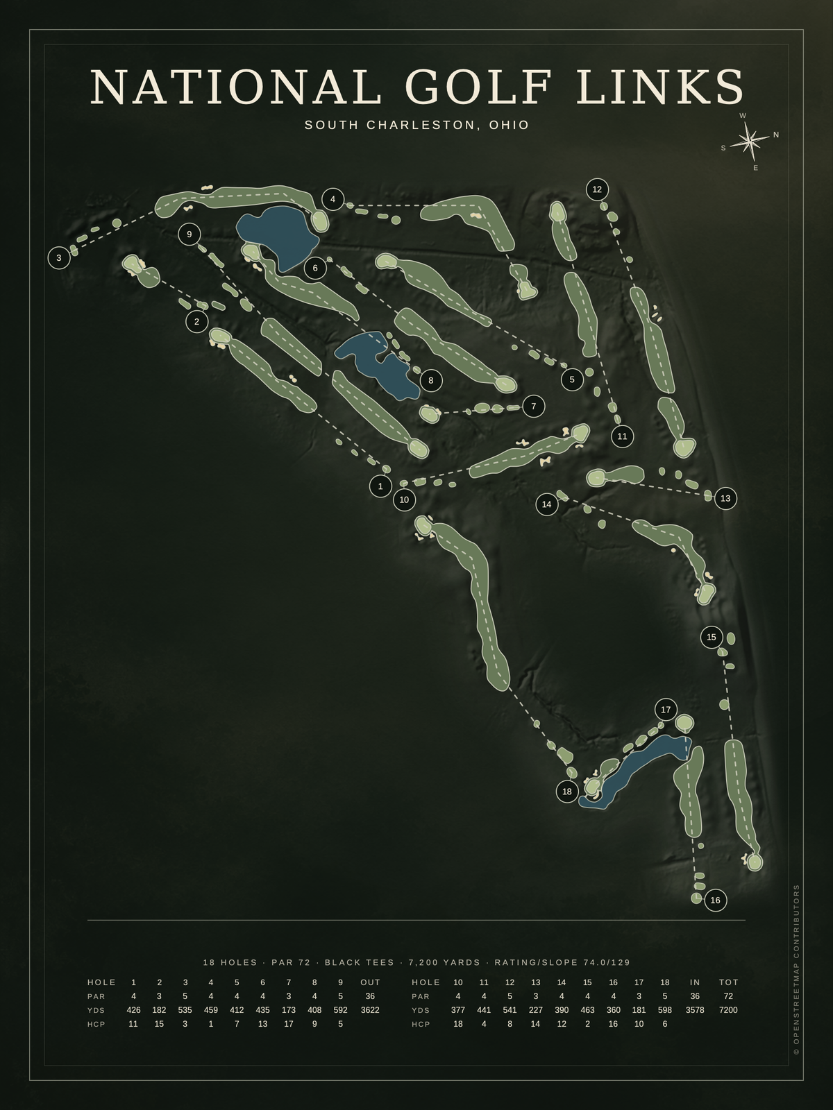 National Golf Links course map poster, Architectural style, 12×16 / 18×24