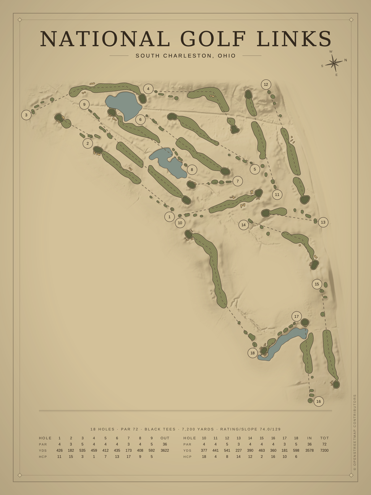 National Golf Links course map poster, Vintage style, 12×16 / 18×24