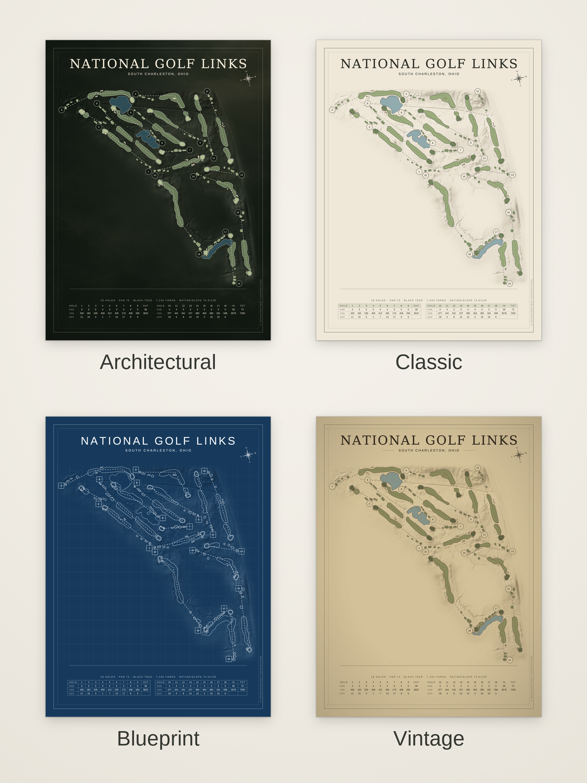 National Golf Links course map poster in four styles: Architectural, Classic, Blueprint and Vintage