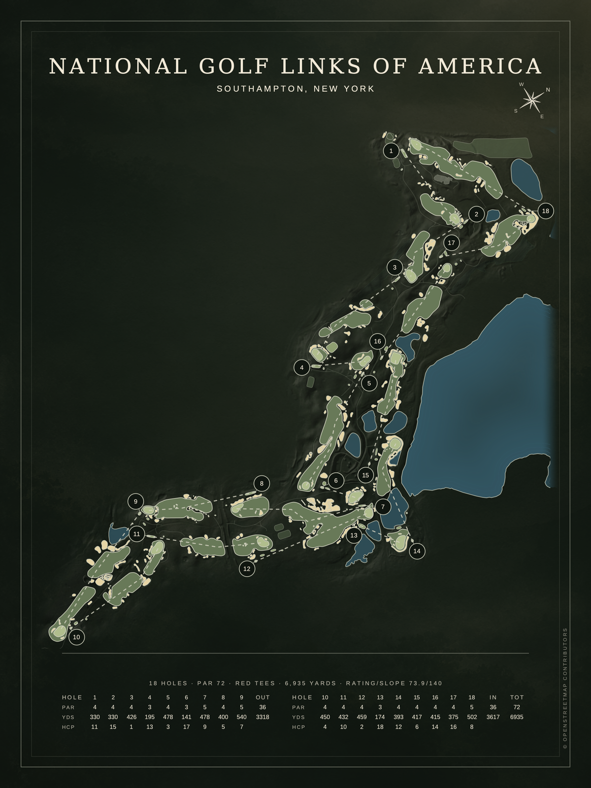 National Golf Links of America course map poster, Architectural style, 12×16 / 18×24