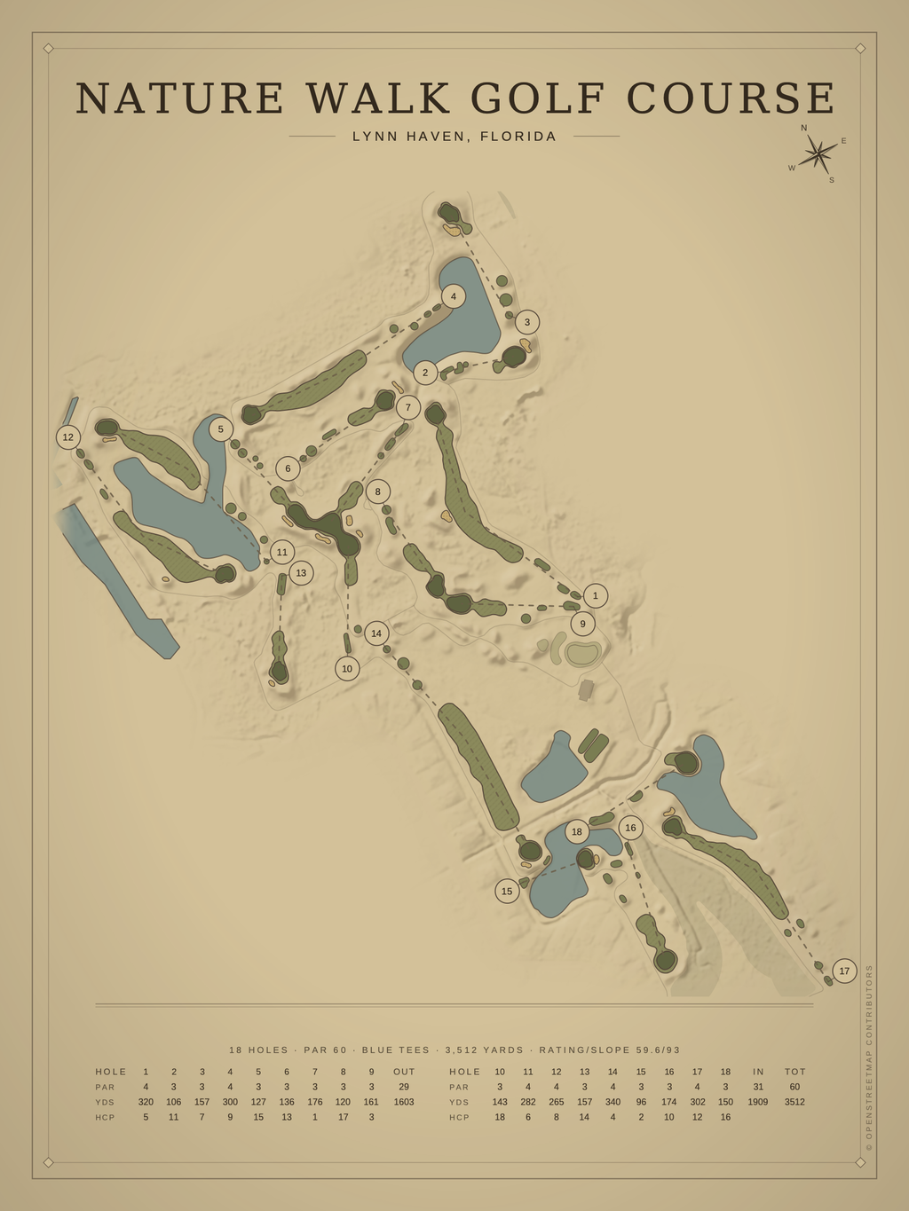 Nature Walk Golf Course map poster, Vintage style, 12×16 / 18×24