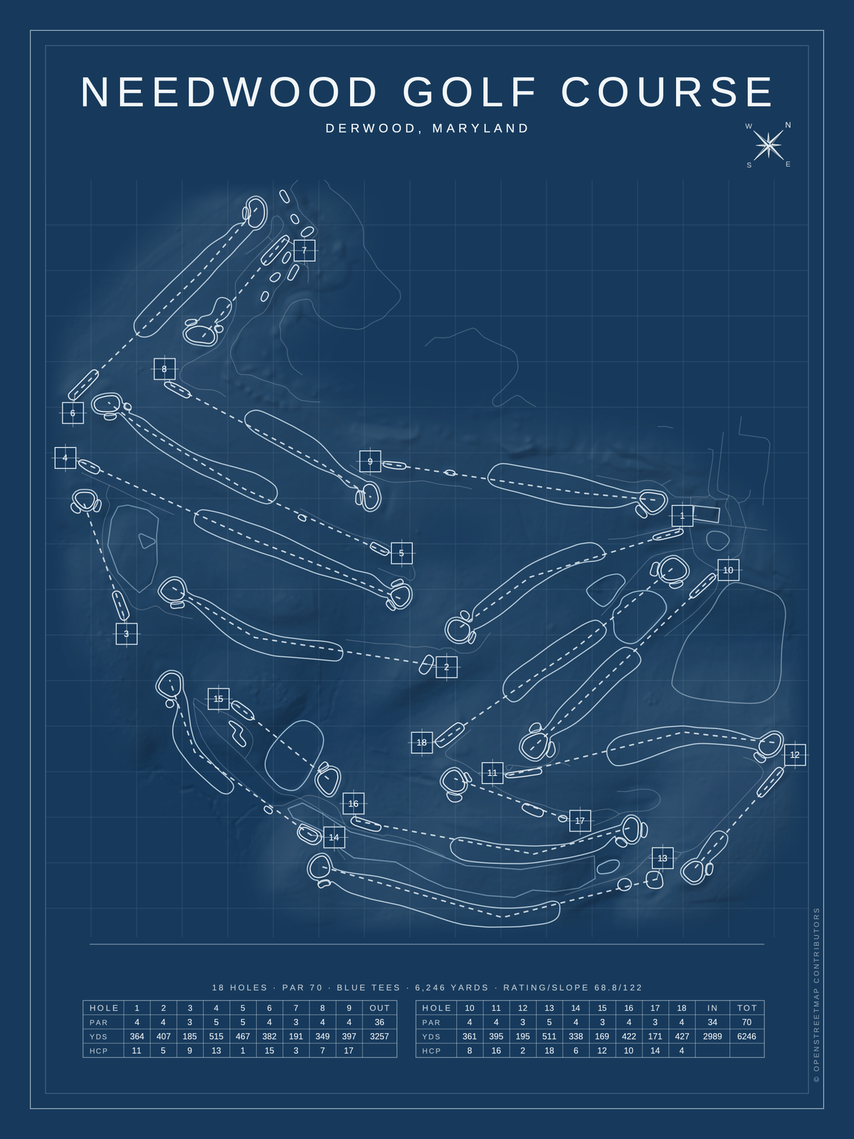 Needwood Golf Course map poster, Blueprint style, 12×16 / 18×24
