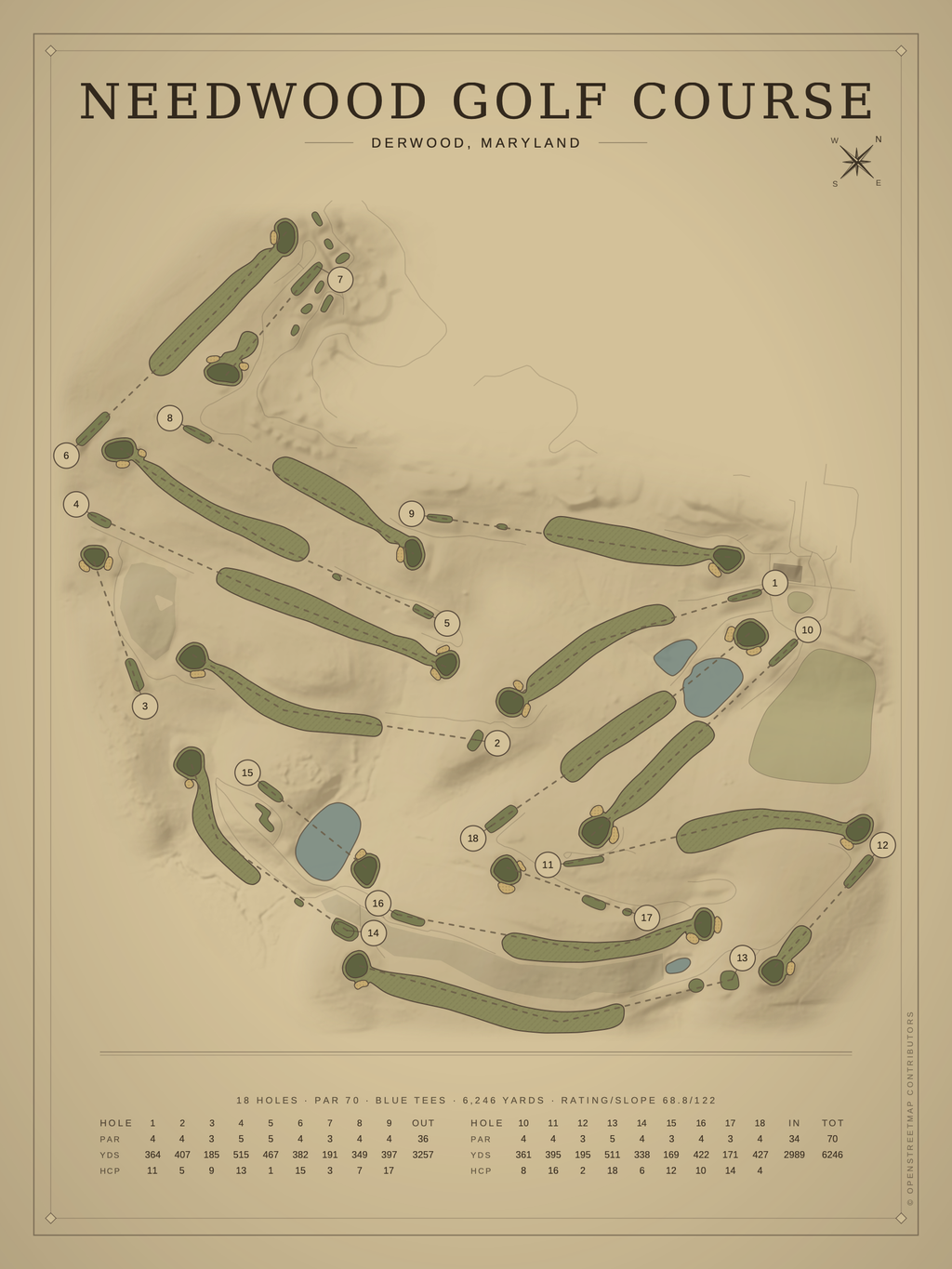 Needwood Golf Course map poster, Vintage style, 12×16 / 18×24