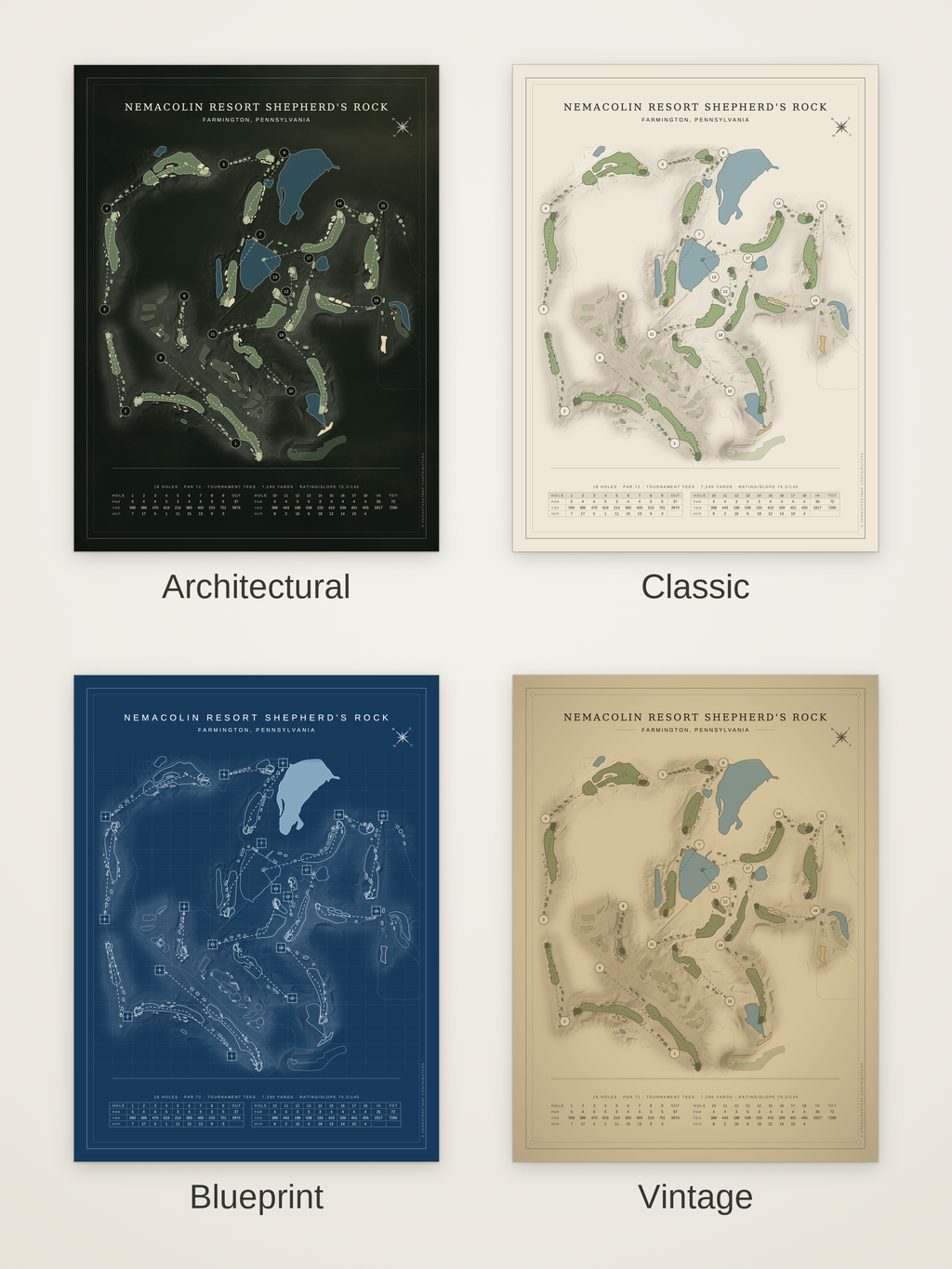 Nemacolin Resort Shepherd's Rock course map poster in four styles: Architectural, Classic, Blueprint and Vintage