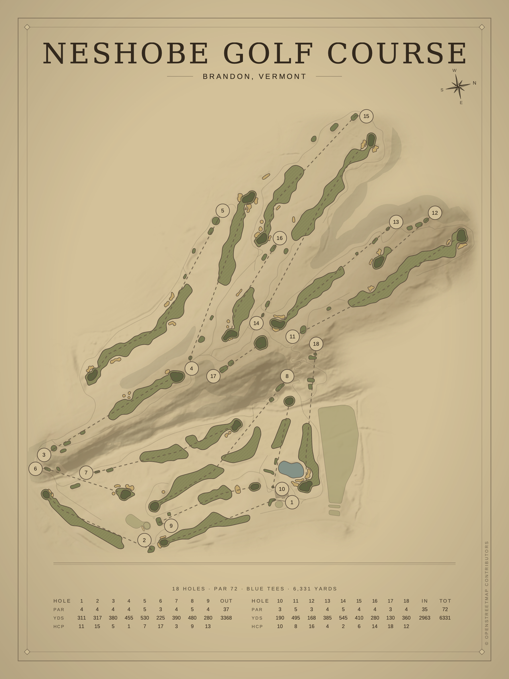 Neshobe Golf Course map poster, Vintage style, 12×16 / 18×24