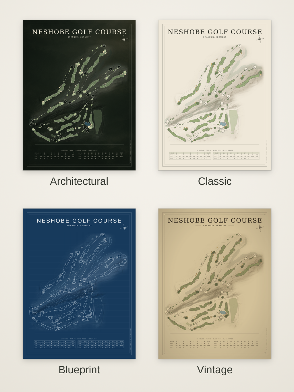 Neshobe Golf Course map poster in four styles: Architectural, Classic, Blueprint and Vintage