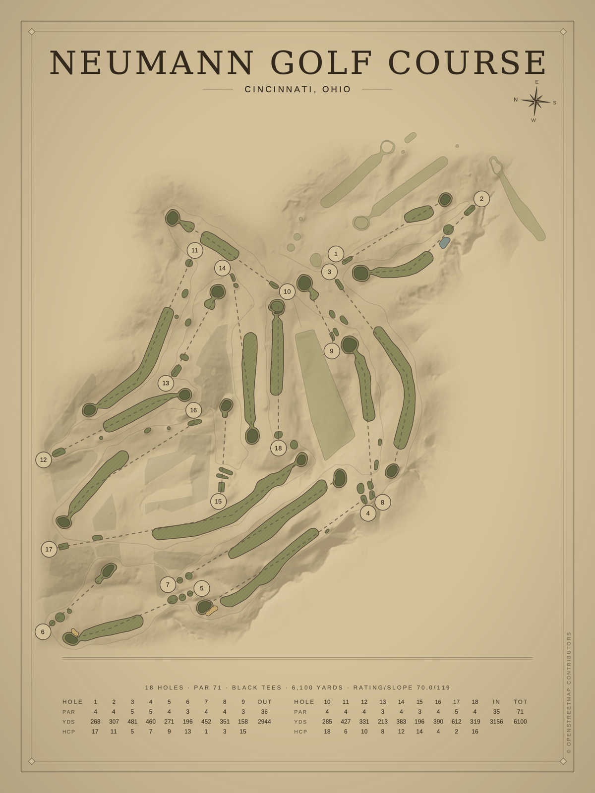Neumann Golf Course map poster, Vintage style, 12×16 / 18×24