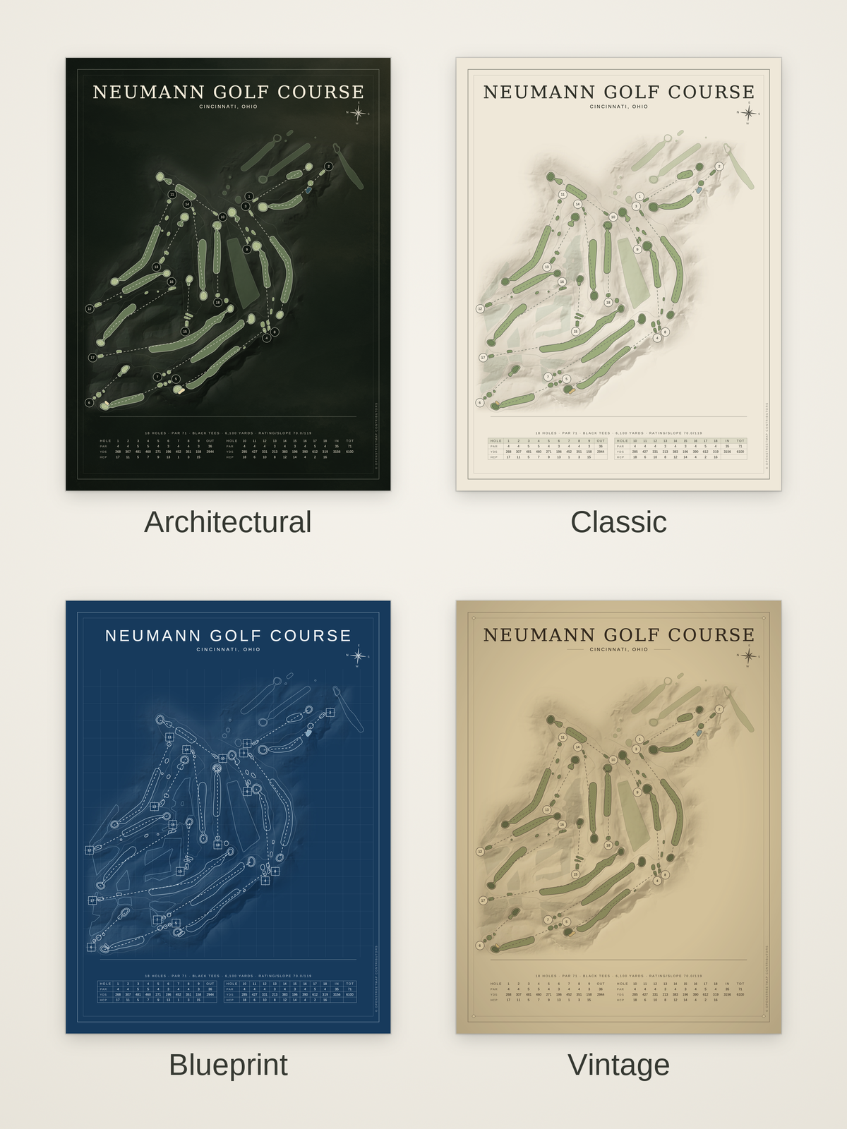 Neumann Golf Course map poster in four styles: Architectural, Classic, Blueprint and Vintage