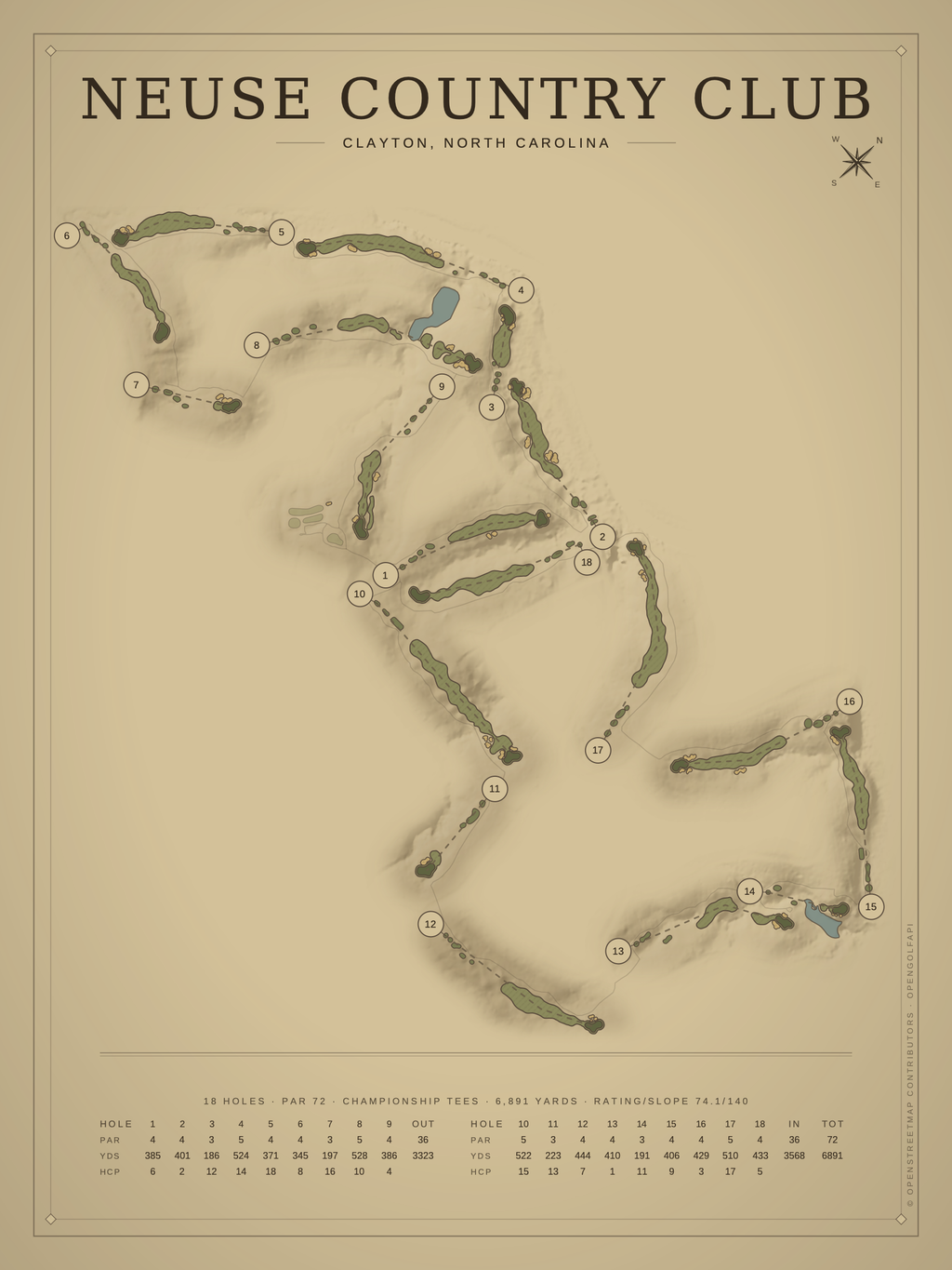 Neuse Country Club course map poster, Vintage style, 12×16 / 18×24