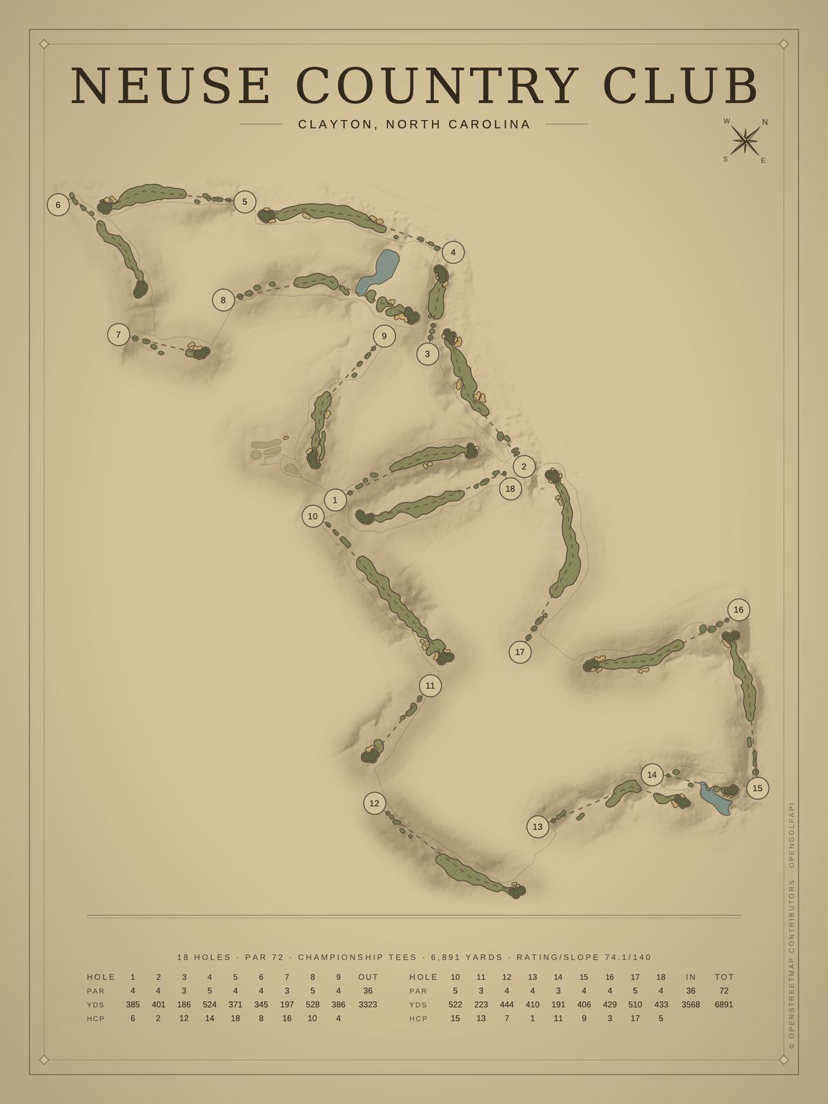Neuse Country Club course map poster, Vintage style, 12×16 / 18×24