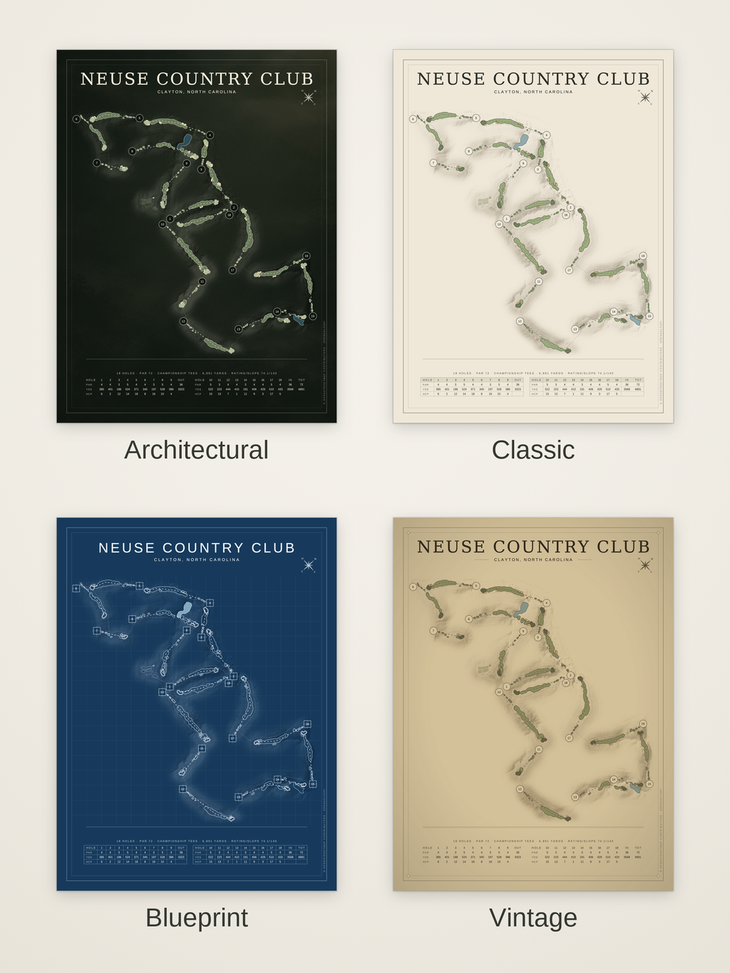 Neuse Country Club course map poster in four styles: Architectural, Classic, Blueprint and Vintage