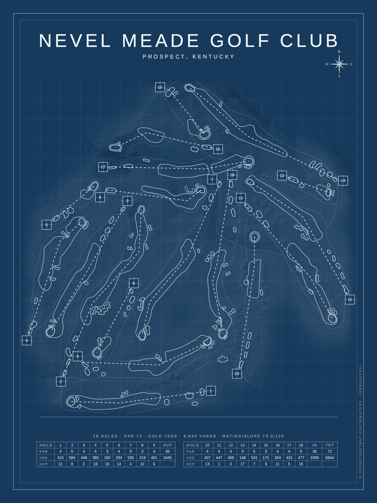 Nevel Meade Golf Club course map poster, Blueprint style, 12×16 / 18×24