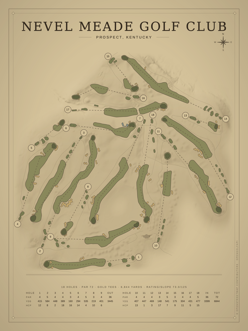 Nevel Meade Golf Club course map poster, Vintage style, 12×16 / 18×24