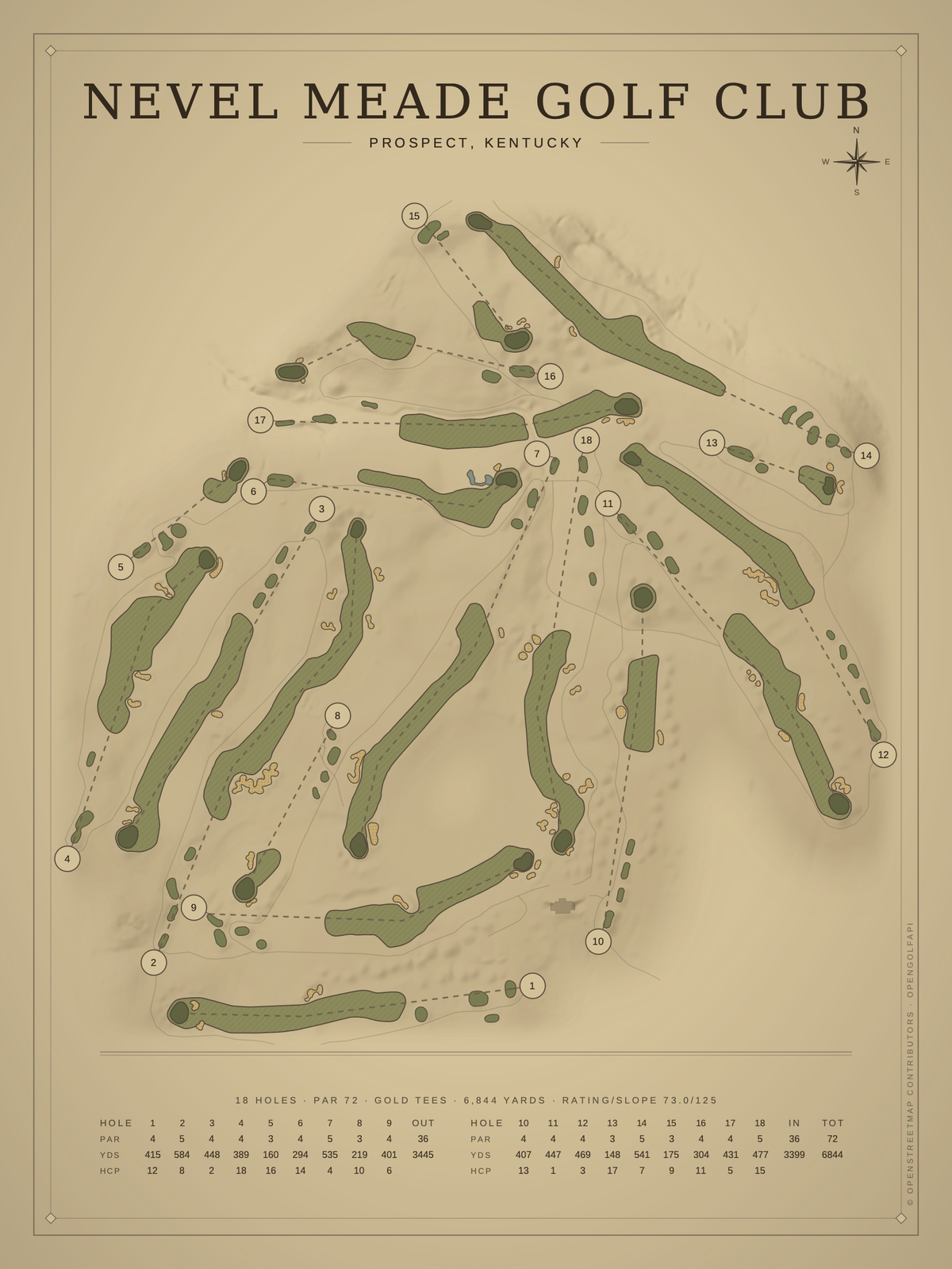 Nevel Meade Golf Club course map poster, Vintage style, 12×16 / 18×24