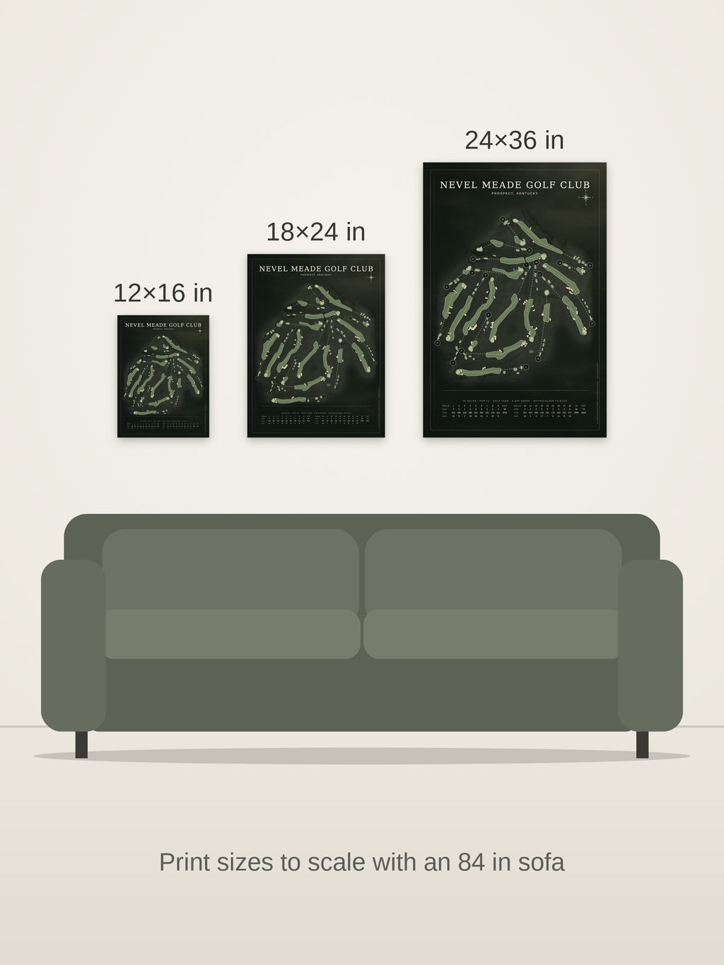 Nevel Meade Golf Club course map poster in the Architectural style at 12×16, 18×24 and 24×36 inches, shown to scale on a wall above an 84-inch sofa