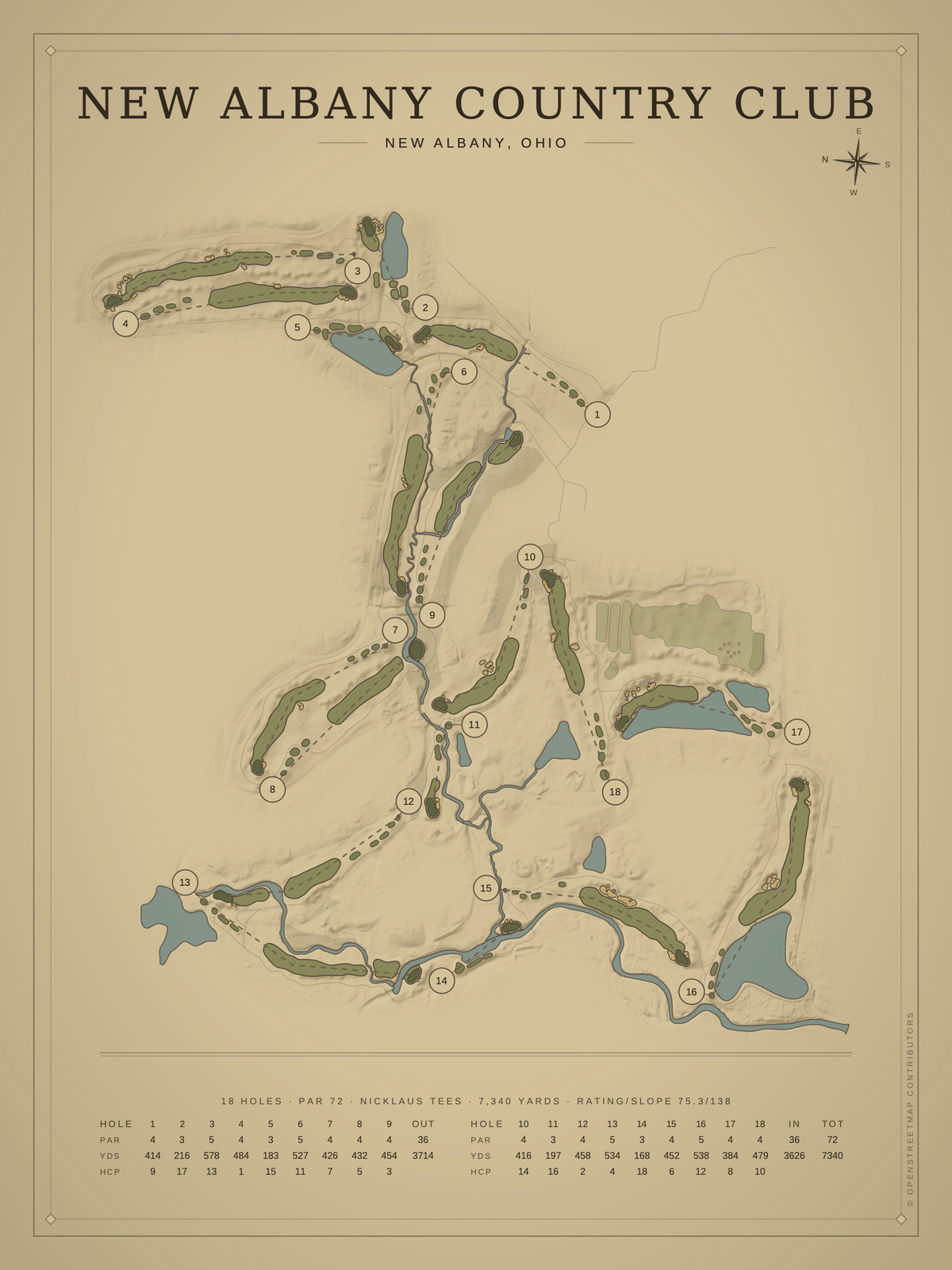 New Albany Country Club course map poster, Vintage style, 12×16 / 18×24