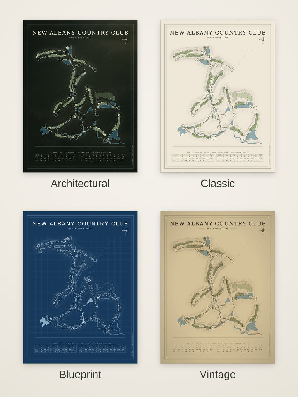 New Albany Country Club course map poster in four styles: Architectural, Classic, Blueprint and Vintage