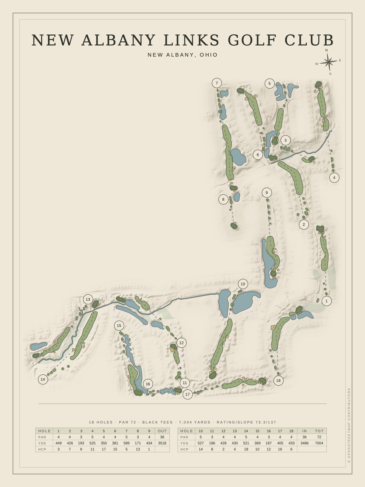 New Albany Links Golf Club course map poster, Classic style, 12×16 / 18×24