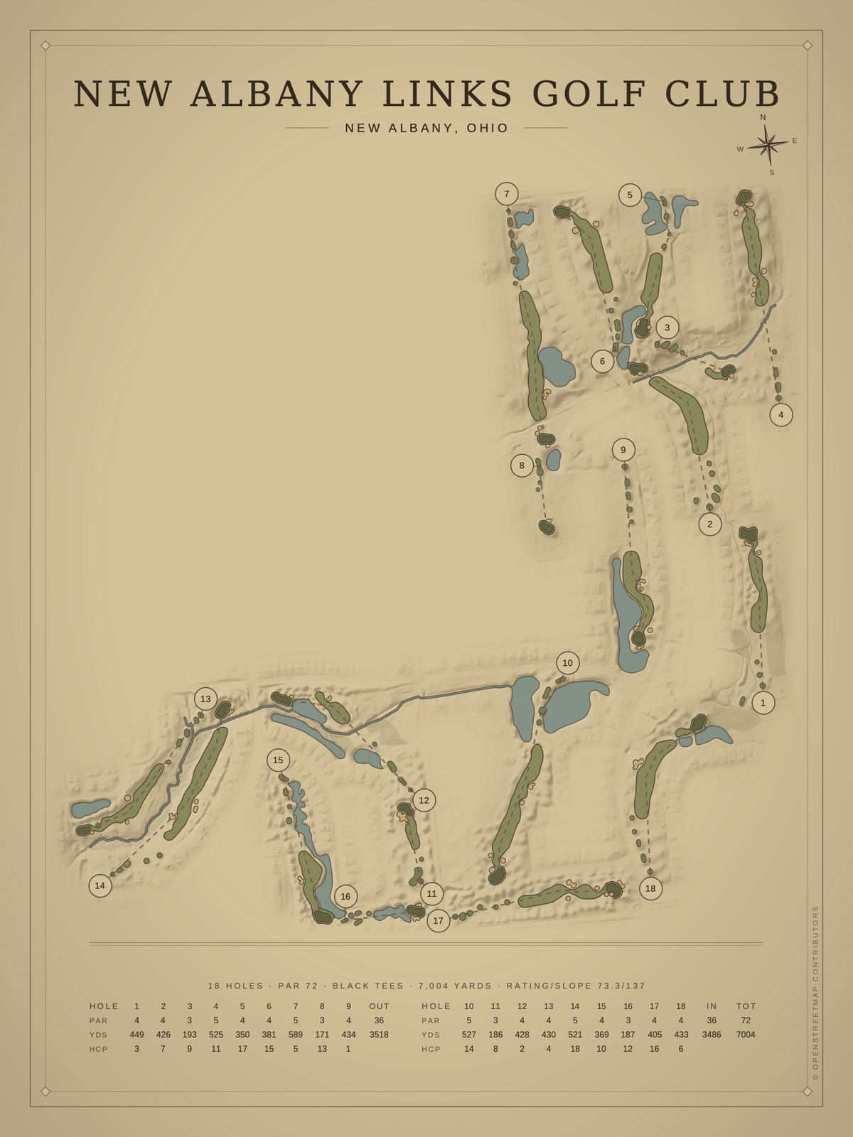 New Albany Links Golf Club course map poster, Vintage style, 12×16 / 18×24