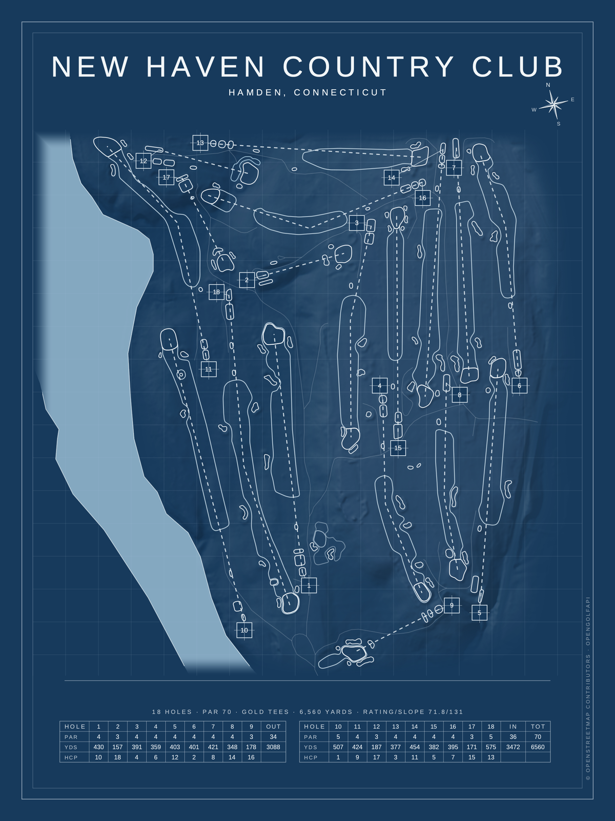 New Haven Country Club course map poster, Blueprint style, 12×16 / 18×24