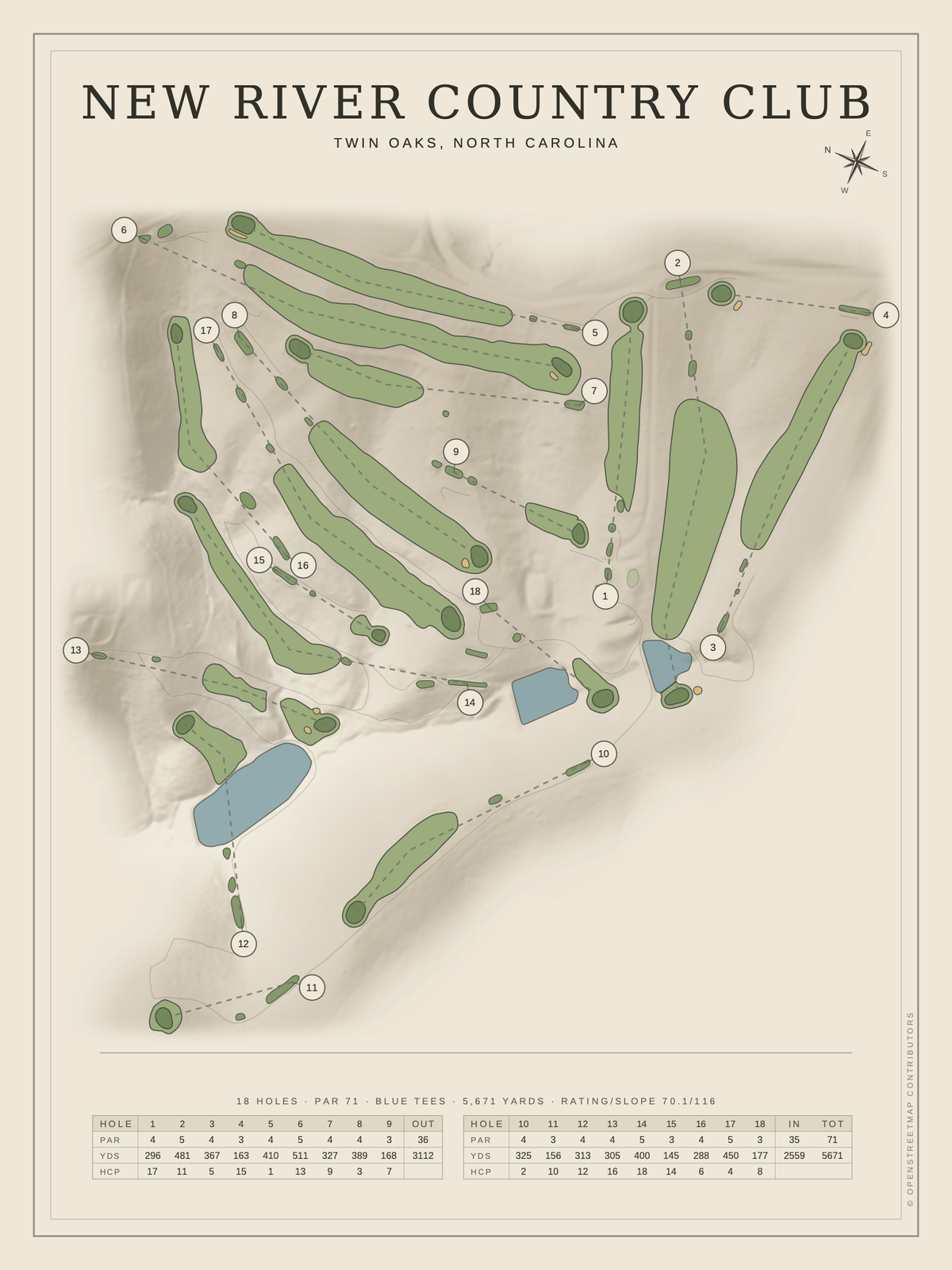 New River Country Club course map poster, Classic style, 12×16 / 18×24