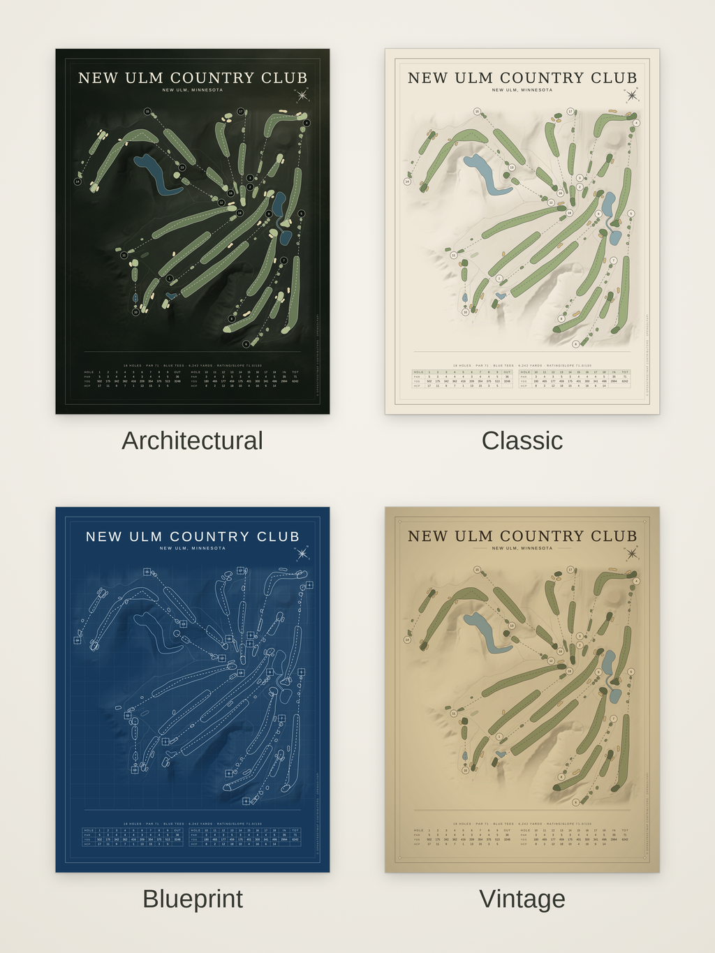New Ulm Country Club course map poster in four styles: Architectural, Classic, Blueprint and Vintage