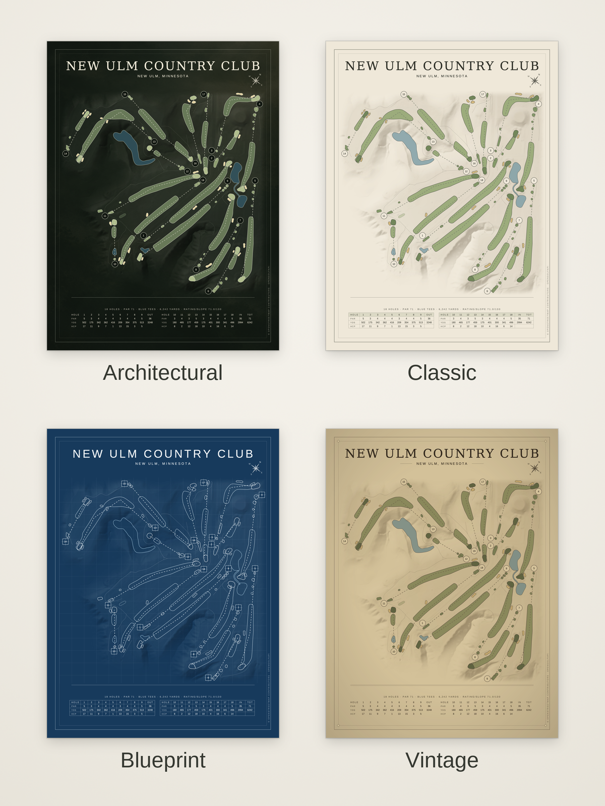 New Ulm Country Club course map poster in four styles: Architectural, Classic, Blueprint and Vintage