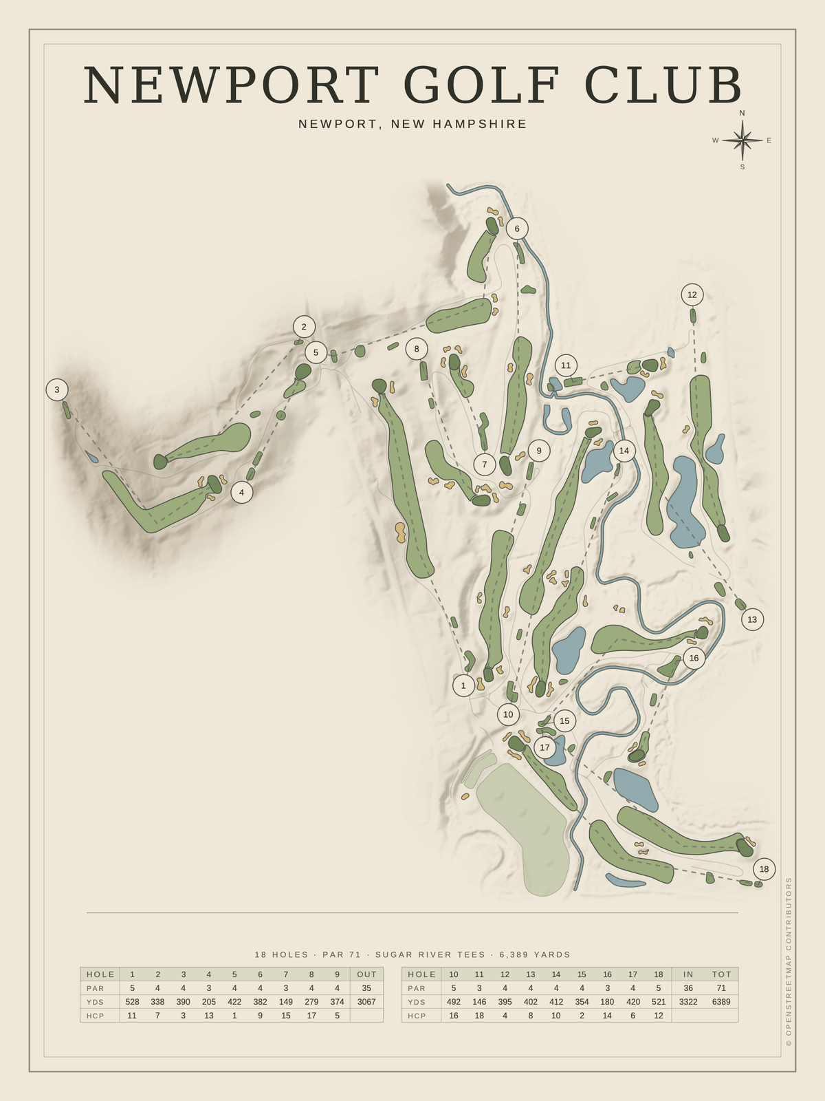 Newport Golf Club course map poster, Classic style, 12×16 / 18×24