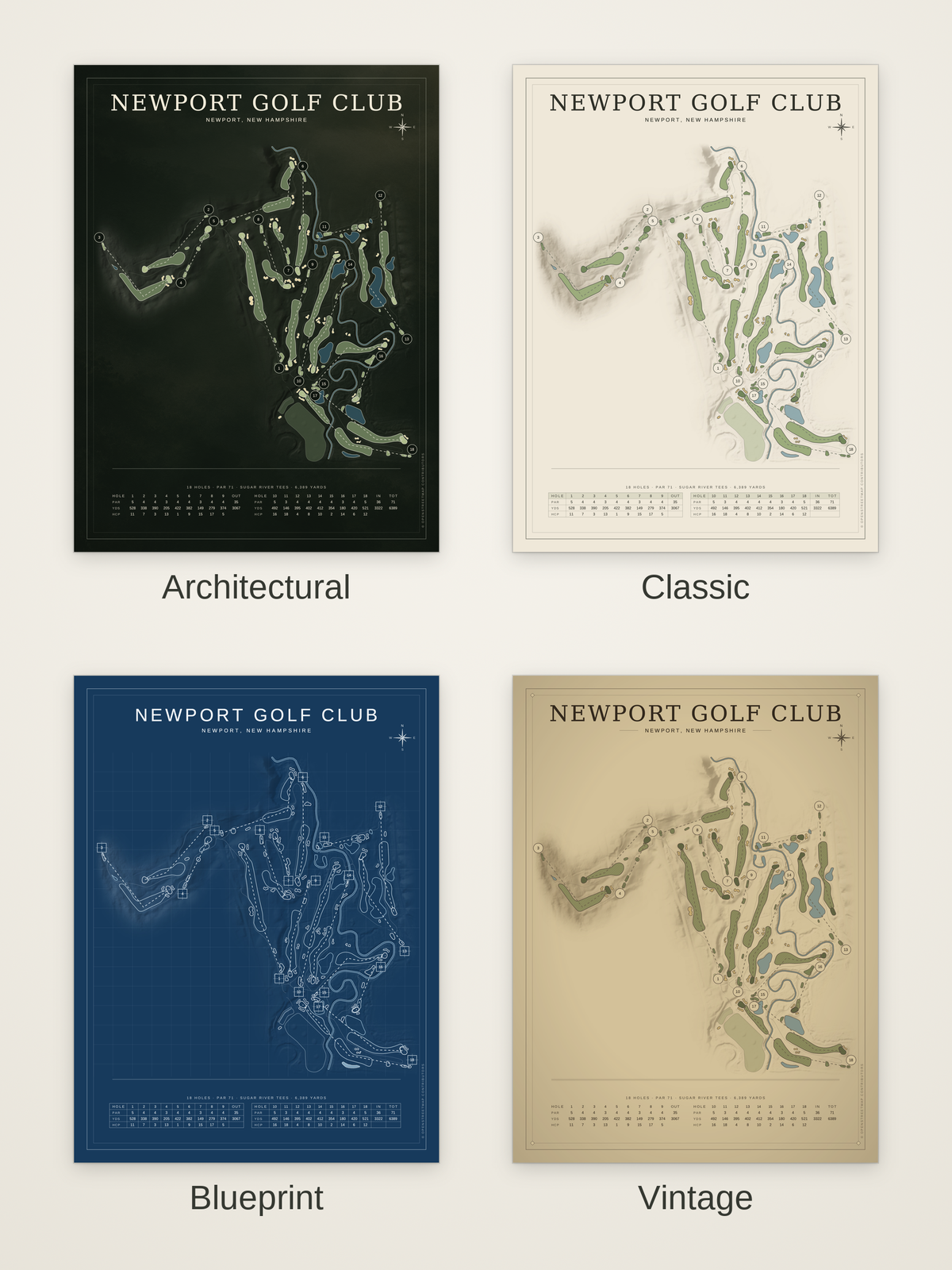 Newport Golf Club course map poster in four styles: Architectural, Classic, Blueprint and Vintage