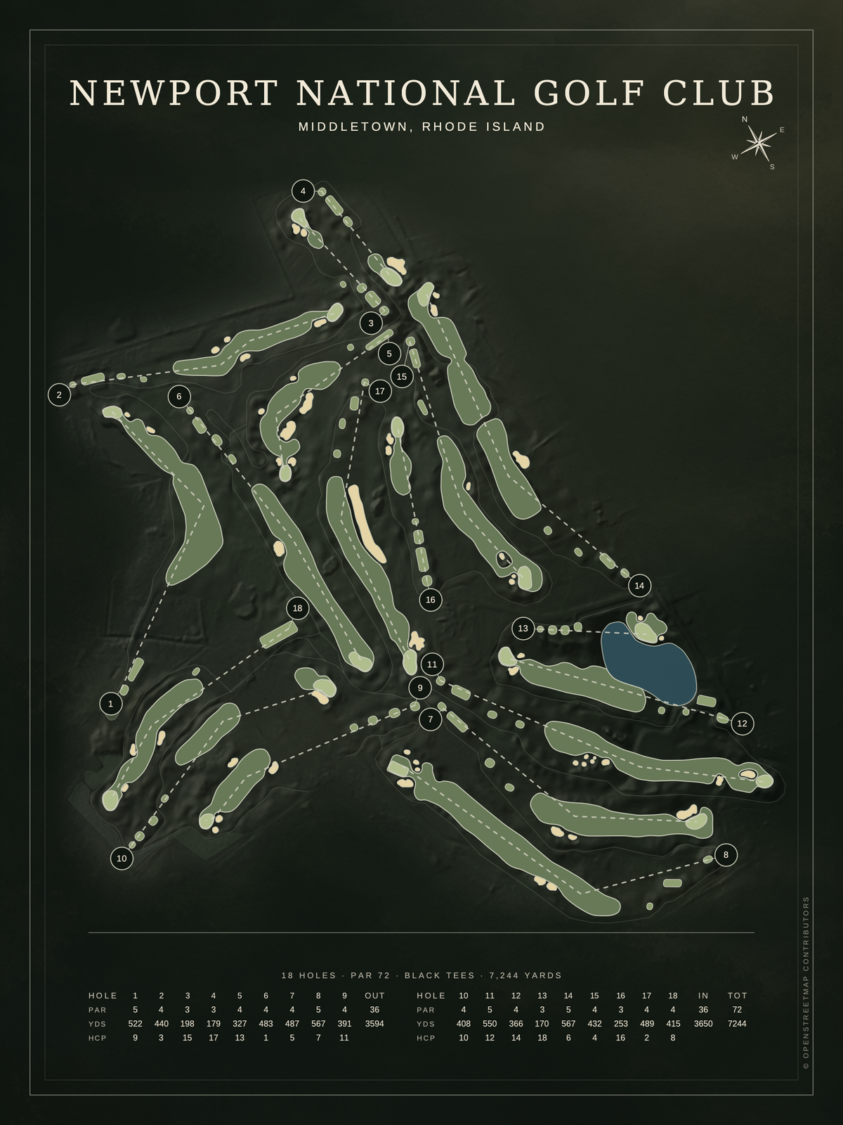 Newport National Golf Club course map poster, Architectural style, 12×16 / 18×24