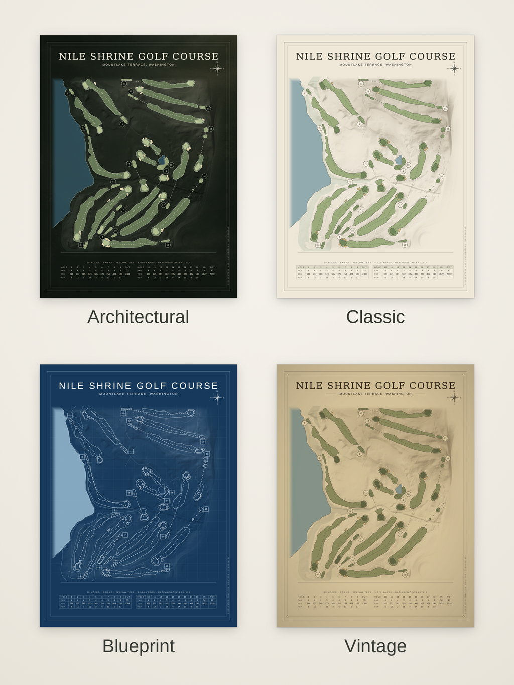 Nile Shrine Golf Course map poster in four styles: Architectural, Classic, Blueprint and Vintage