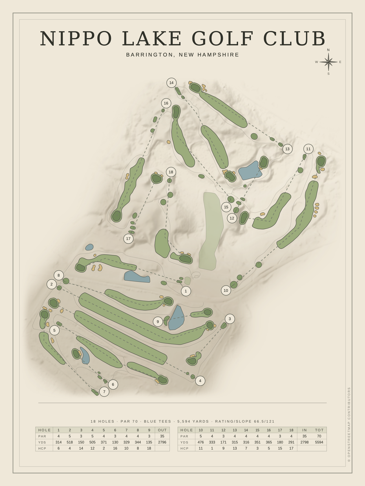 Nippo Lake Golf Club course map poster, Classic style, 12×16 / 18×24