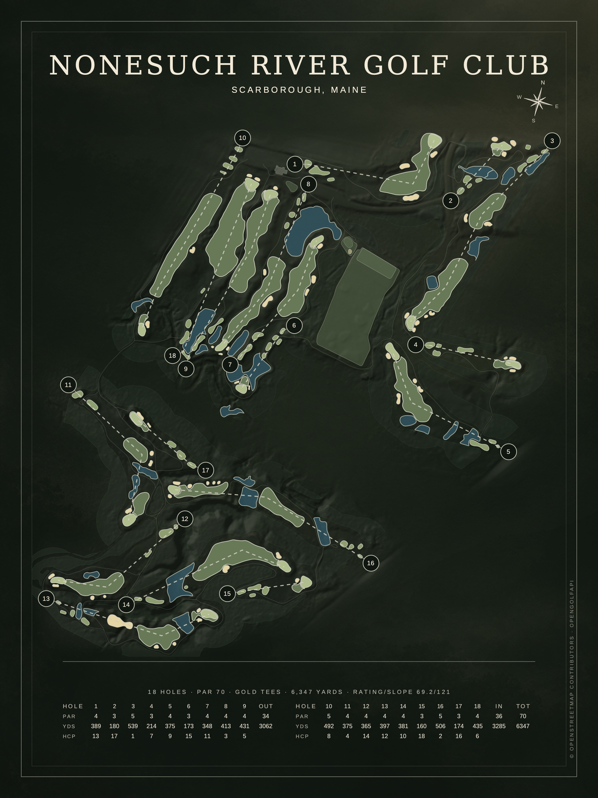 Nonesuch River Golf Club course map poster, Architectural style, 12×16 / 18×24