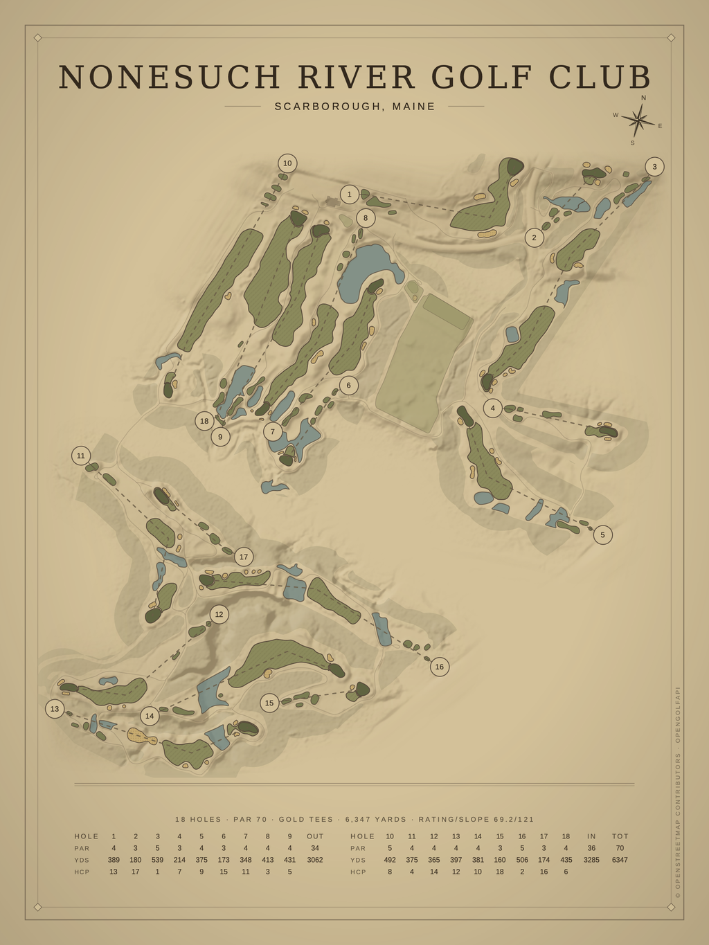 Nonesuch River Golf Club course map poster, Vintage style, 12×16 / 18×24