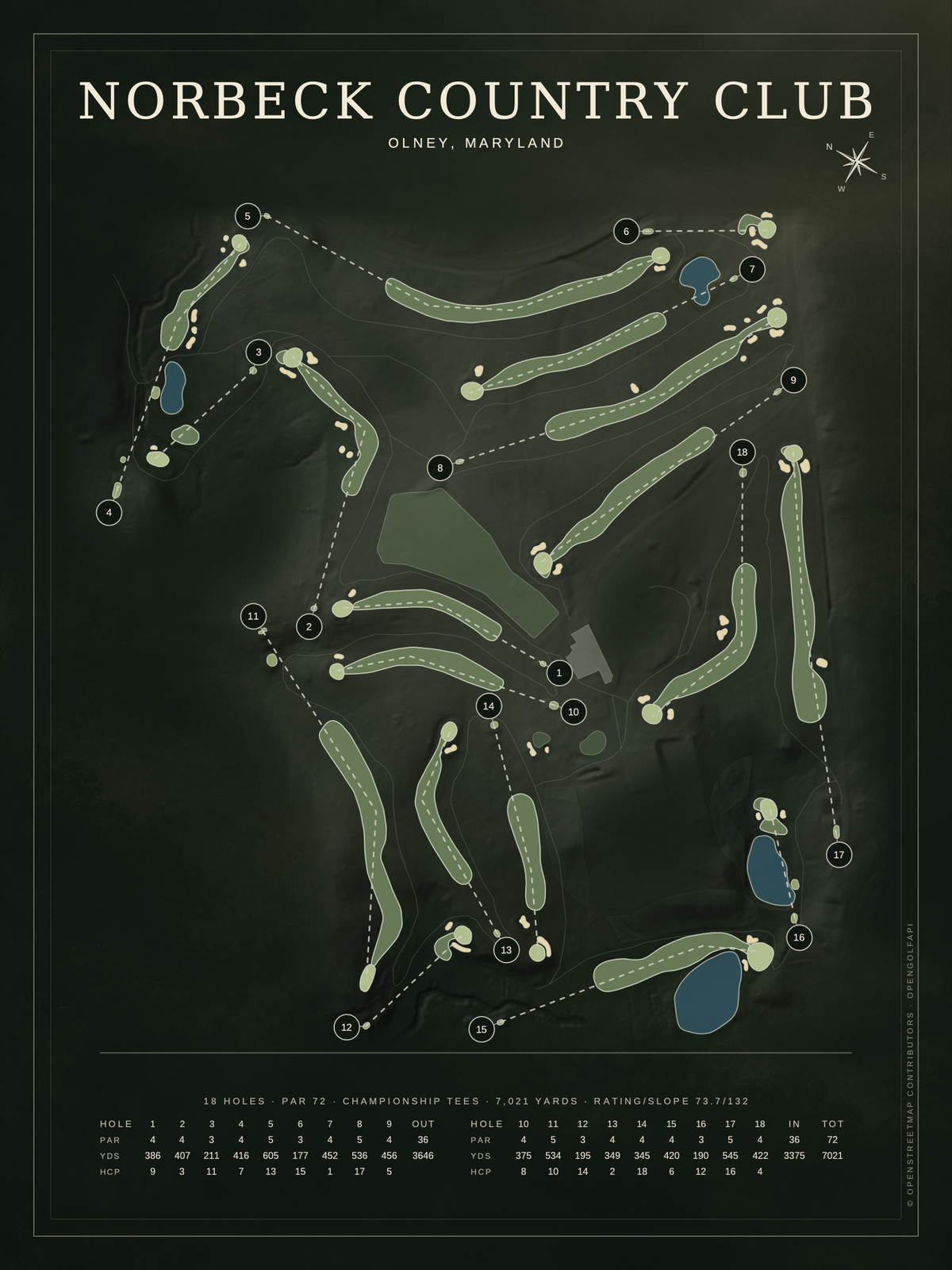 Norbeck Country Club course map poster, Architectural style, 12×16 / 18×24