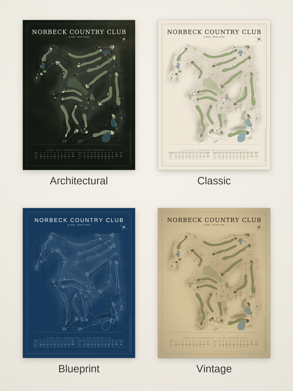 Norbeck Country Club course map poster in four styles: Architectural, Classic, Blueprint and Vintage