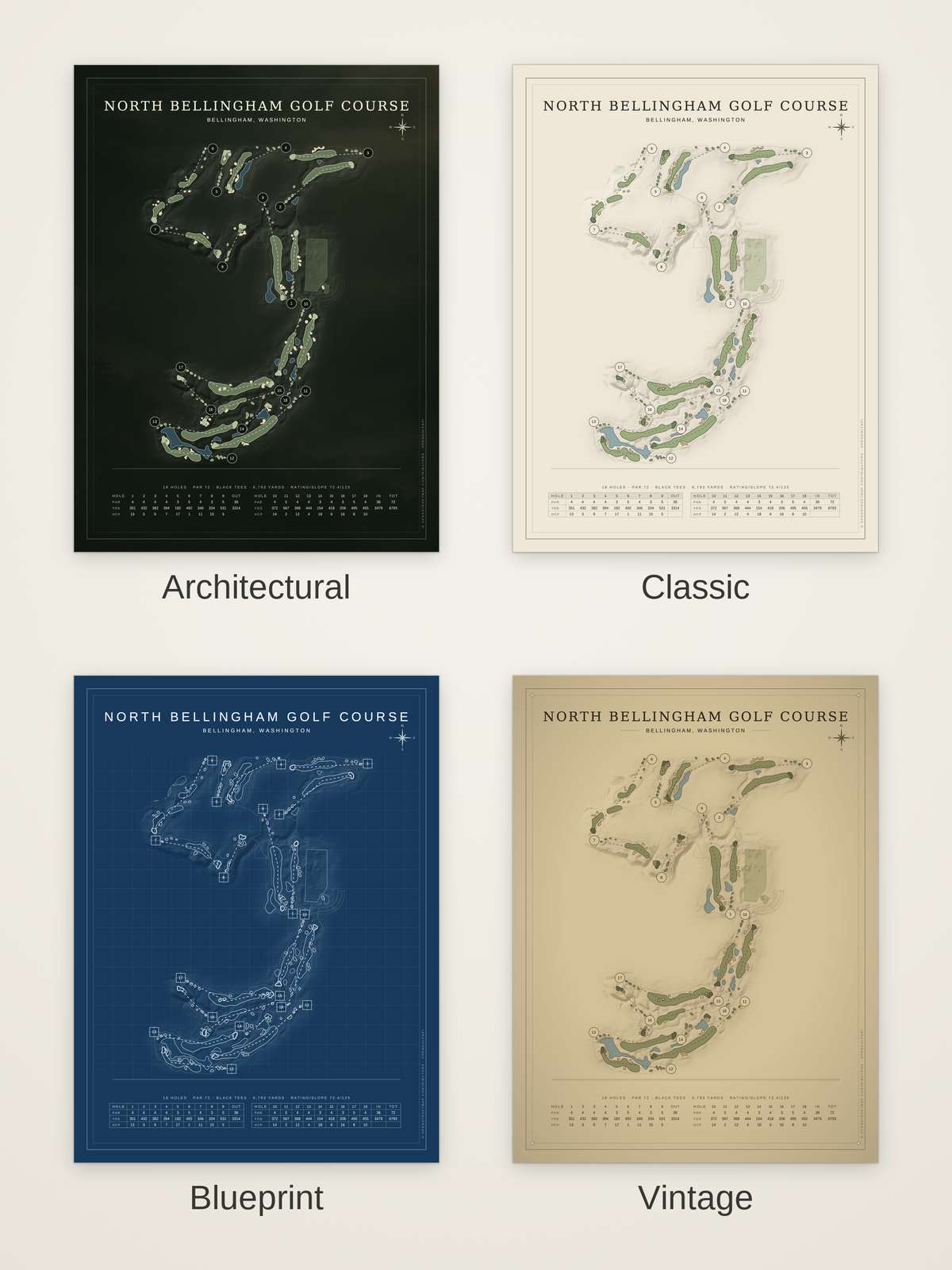 North Bellingham Golf Course map poster in four styles: Architectural, Classic, Blueprint and Vintage