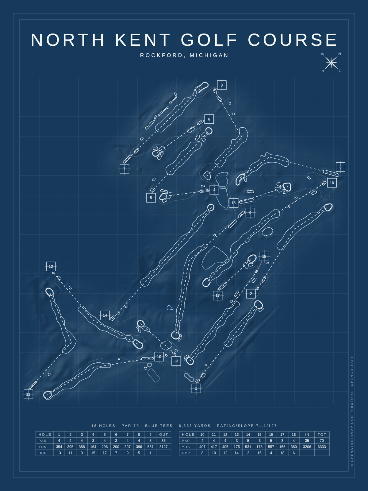 North Kent Golf Course map poster, Blueprint style, 12×16 / 18×24