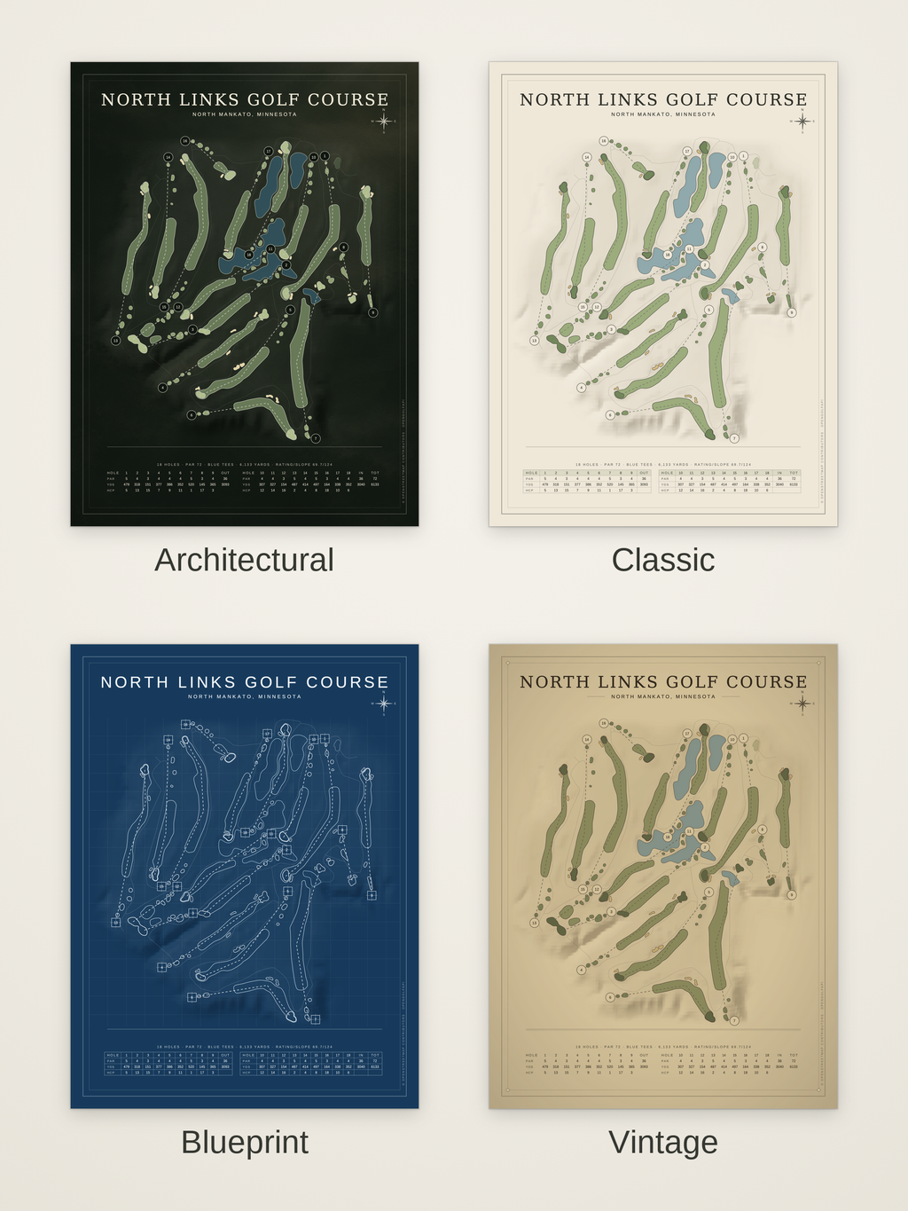 North Links Golf Course map poster in four styles: Architectural, Classic, Blueprint and Vintage
