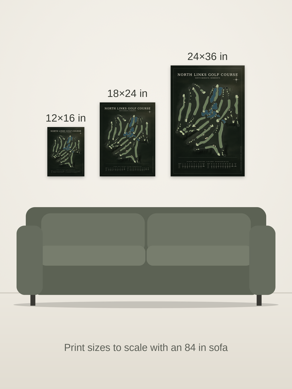 North Links Golf Course map poster in the Architectural style at 12×16, 18×24 and 24×36 inches, shown to scale on a wall above an 84-inch sofa