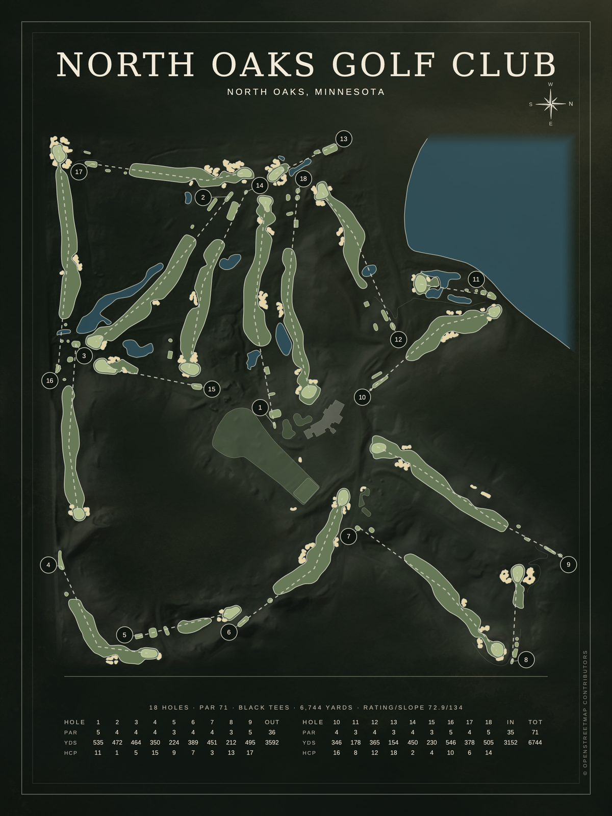 North Oaks Golf Club course map poster, Architectural style, 12×16 / 18×24