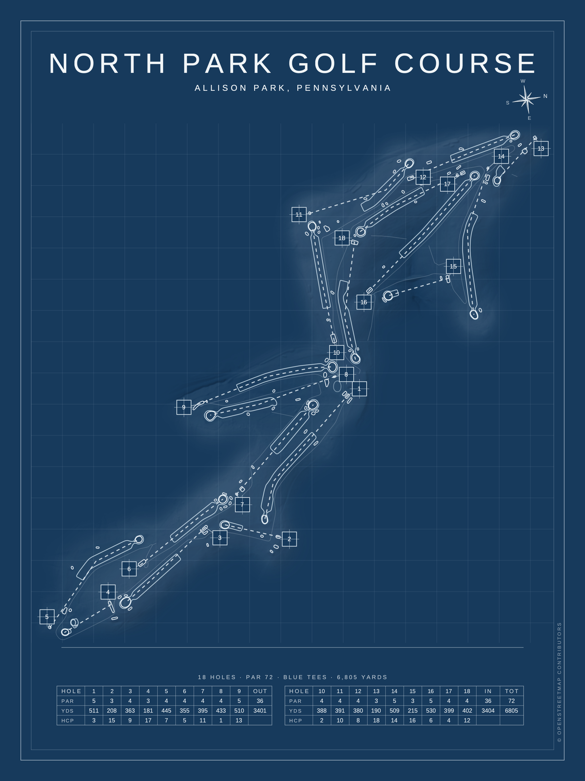 North Park Golf Course map poster, Blueprint style, 12×16 / 18×24