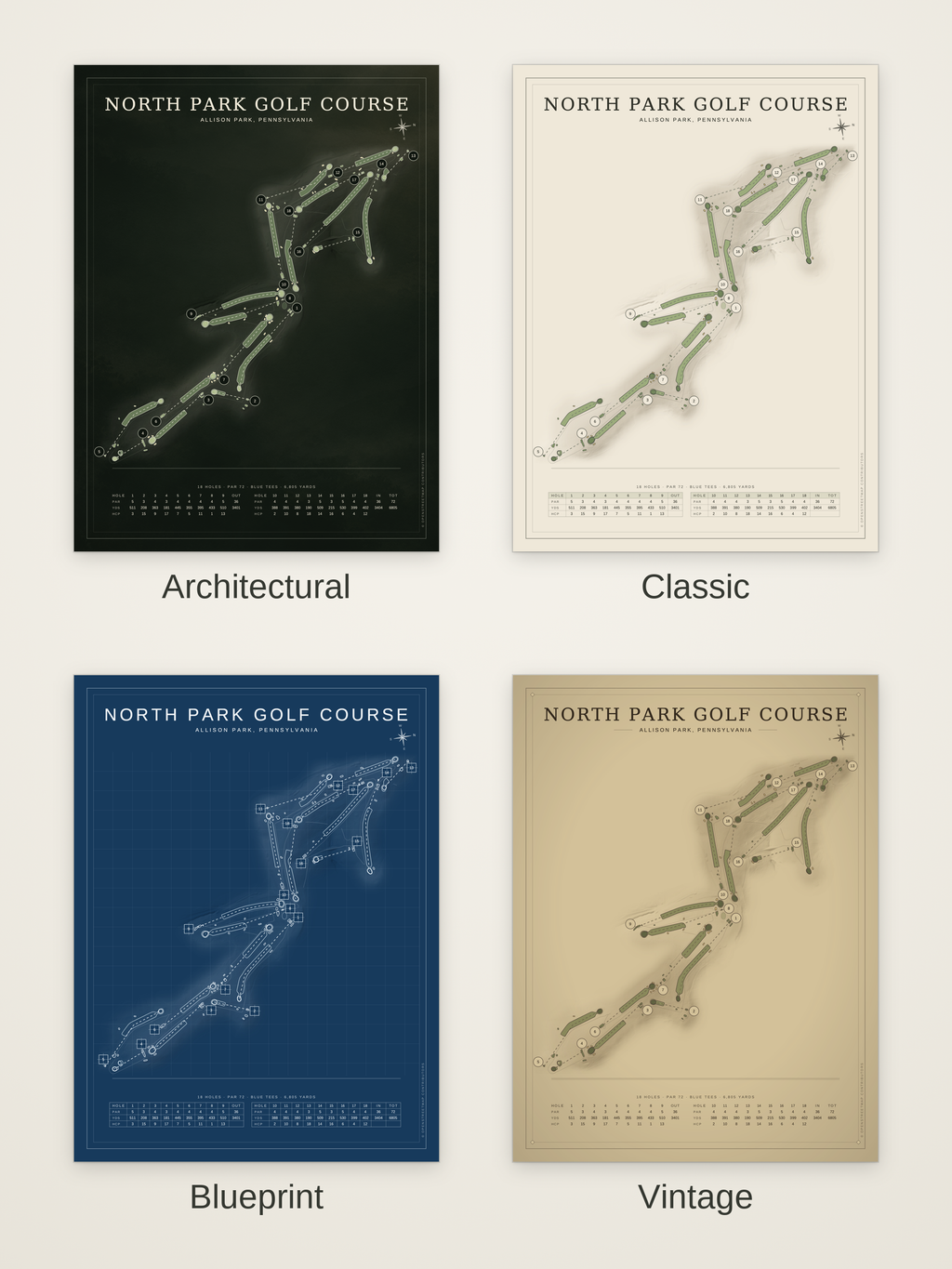 North Park Golf Course map poster in four styles: Architectural, Classic, Blueprint and Vintage