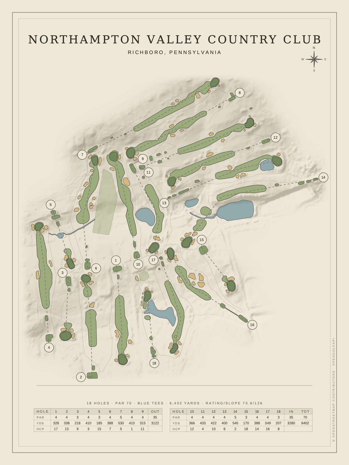 Northampton Valley Country Club course map poster, Classic style, 12×16 / 18×24